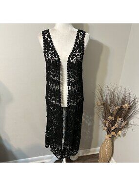 NWT Landry Women Black Boho Open Knit Crochet M Duster Cardigan Vest Cotton Sz S